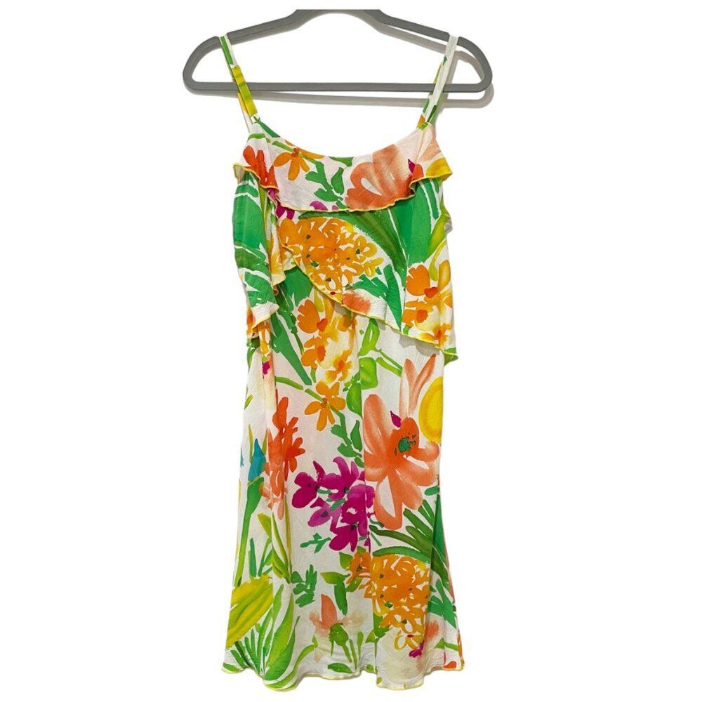Jams World Colorful Tropical Cruise Summer Garden Ruffle Front Short Dress L